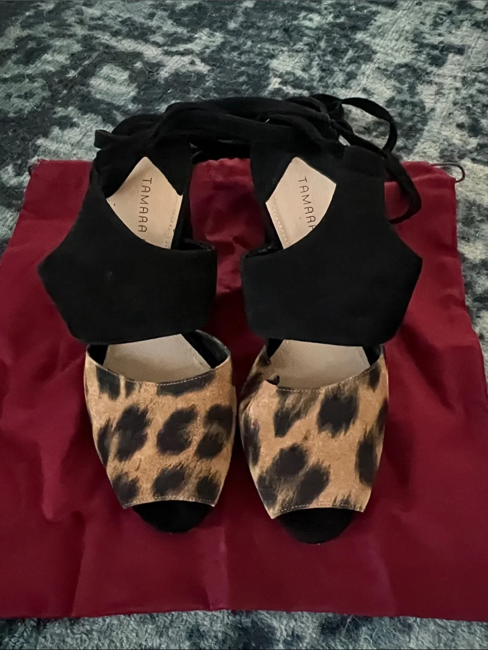 Tamara Mellon Leopard & Black Suede Open-Toe Heels